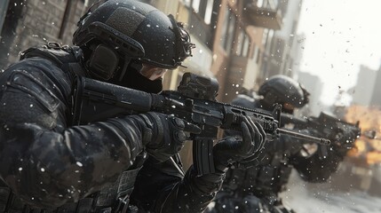 Fototapeta premium Elite Tactical Team Breaching Building in Urban Warfare | High-Intensity Military Assault Operation, Generative Ai