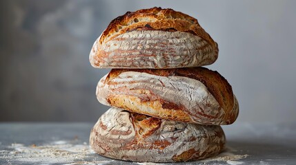 Three artisanal sourdough bread loaves stacked on a rustic surface with a grey background, showcasing their golden crust.
