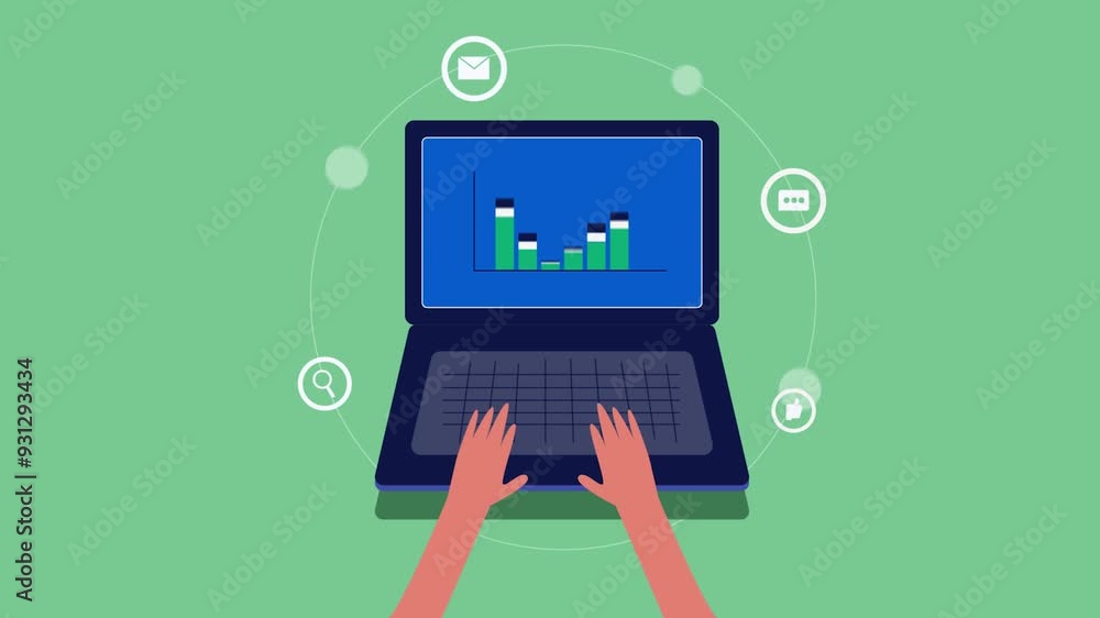 Poster visual data presentation on laptop screen, businessman analysing performance growth graph report and