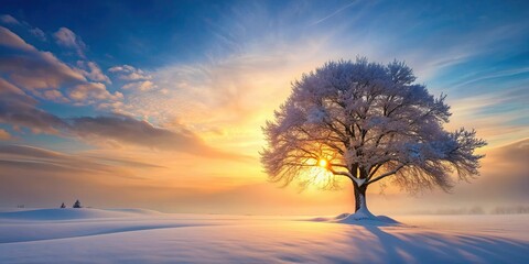 Fototapeta premium Surreal tree in snow with midday sunset casting a dreamy ethereal scene , tree, snow, midday, sunset, waves, snowflakes, water