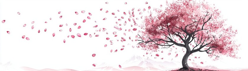 Fototapeta premium A beautiful pink tree in full bloom, its petals gently falling in the breeze, symbolizing nature's elegance and tranquility.
