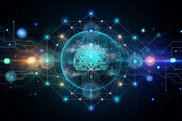 Obraz premium Artificial intelligence with network blue tech background, poster, banner, illustration 