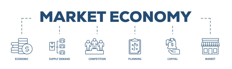 Market economy icons process structure web banner illustration of economic, supply demand, competition, planning, capital, market icon png transparent background.