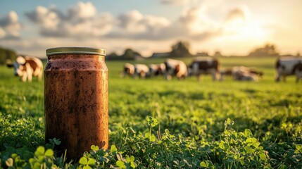Naklejka premium Copper can in green field with cows. A rusty can sits in a field of grass with cows in the background.