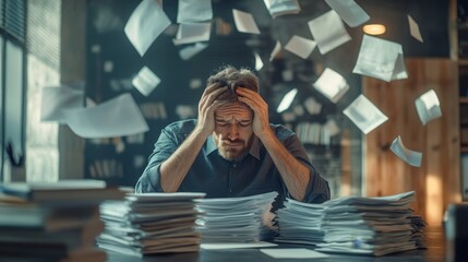 A man is sitting at a desk with papers flying everywhere