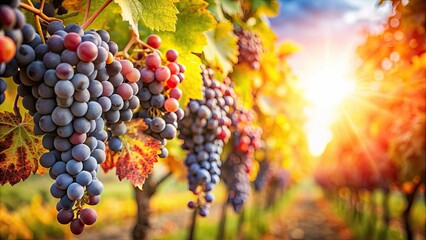 Naklejka premium Red wine grapes ripe for harvest, basking in the autumn sun in a vineyard , grapes, red wine, vineyard, autumn, harvest, ripe