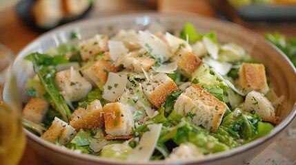Delicious Caesar salad with fresh romaine lettuce, croutons, and Parmesan cheese in a white bowl, perfect for a healthy meal.