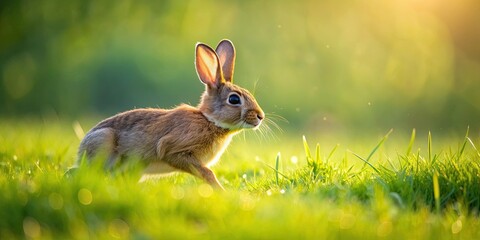 Rabbit frolicking on grass in meadow , cute, fluffy, green, playful, adorable, wildlife, nature, animal, furry, vibrant