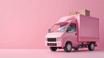 Pink delivery truck delivering express with cardboard boxes. Cartoon transportation and delivery concept on pink background. 3D rendering with