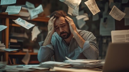 A man is sitting at a desk with papers flying everywhere