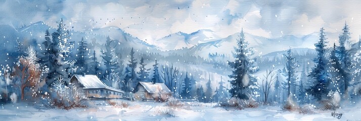 Fototapeta premium A soft watercolor painting of a serene winter landscape, featuring gently falling snowflakes, cozy cottages, and frosted pine trees. The scene captures the tranquility and beauty of a snowy day with a