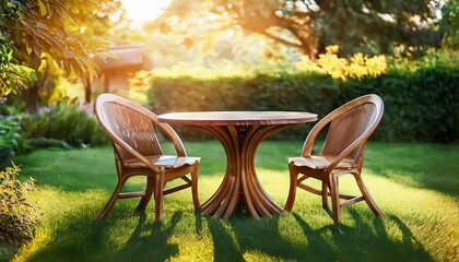Fototapeta premium Al Fresco Dining: A Wooden Table Set in a Sunny Backyard