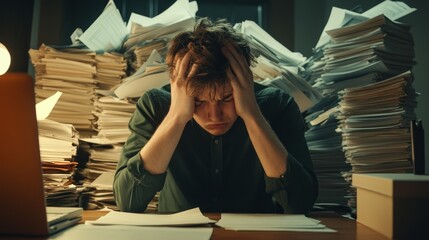 A man is sitting at a desk with papers flying everywhere