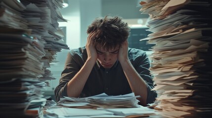 A man is sitting at a desk with papers flying everywhere
