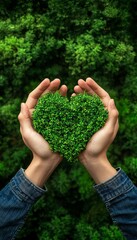 Hands holding a green heart made of leaves, symbolizing love and care for nature in a lush green environment.