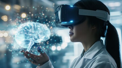 A scientist wearing a VR headset interacts with a glowing holographic brain, exploring advanced neuroscience and virtual technology.