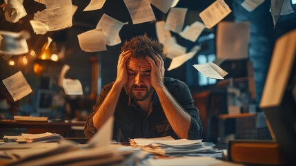 A man is sitting at a desk with papers flying everywhere