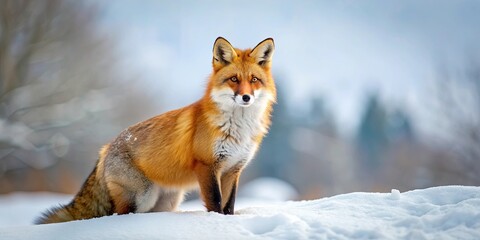 Fototapeta premium Red fox gracefully poses in the snowy landscape, red fox, snow, winter, wildlife, cold, nature, beautiful, animal, fur