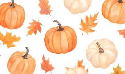 Orange pumpkins and leaves watercolor pattern, Generative AI