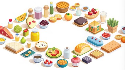 Minimalistic isometric of assorted food items, food,isometric, minimalistic, fruits, vegetables, healthy, delicious, fresh, cooking
