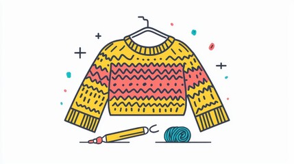 Colorful knitted sweater with a vibrant zigzag pattern, yarn, and a crochet hook, perfect for craft or fashion themes.