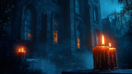 Haunted Castle at Night with Burning Candles