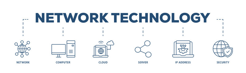 Network technology icons process structure web banner illustration of network, computer, cloud, server, ip address and security icon png transparent background.