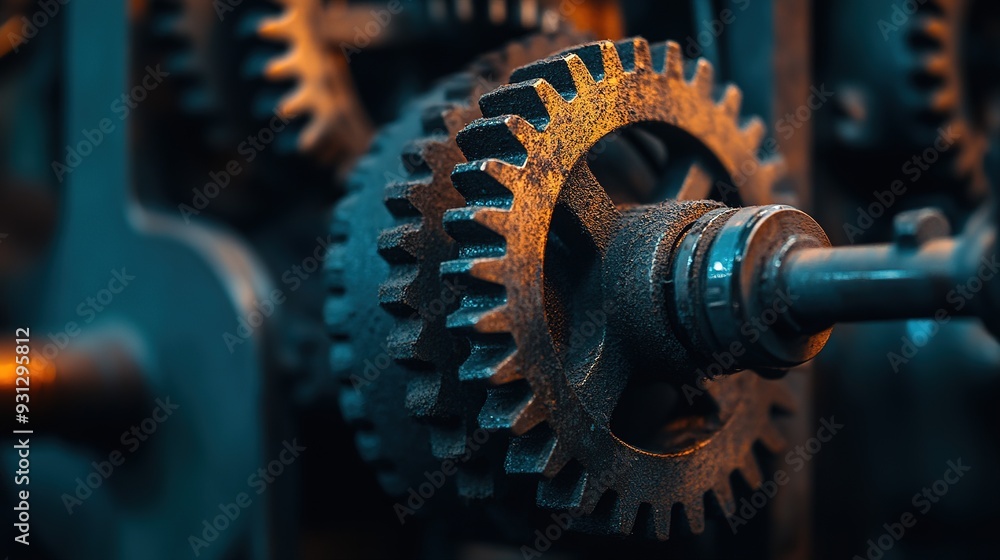 Poster close-up of intricate metal gears in a vintage machine illuminated by warm light in a workshop setti