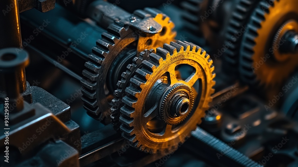 Poster close-up of intricate metal gears in a vintage machine illuminated by warm light in a workshop setti
