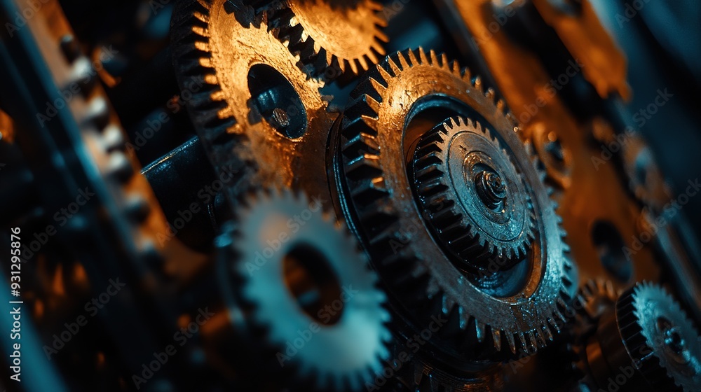 Poster close-up of intricate metal gears in a vintage machine illuminated by warm light in a workshop setti