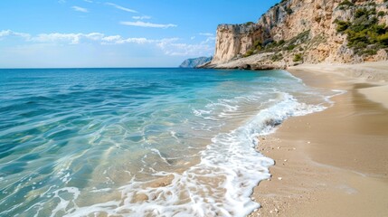 Pristine beach with crystal-clear water, gentle waves, and a backdrop of rugged cliffs or dunes