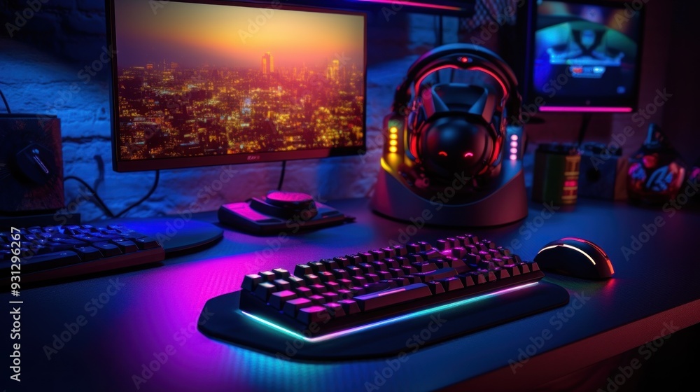 Poster gaming setup with rgb keyboard and mouse