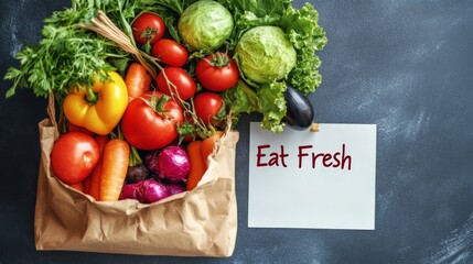 A grocery bag filled with organic produce, with text "Eat Fresh" on a paper, emphasizing the text