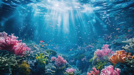 Naklejka premium Sunbeams illuminate a vibrant underwater coral reef teeming with colorful fish.