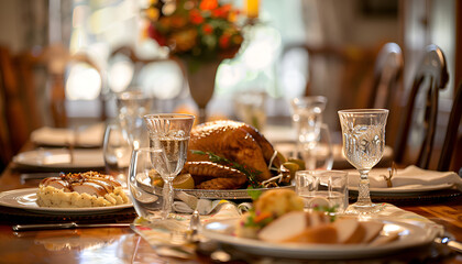 dining room set for Thanksgiving with a sliced trukey on the table, mashed potatoes, rolls and water glasses