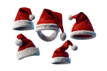 Set of furry Christmas  Santa Claus hat on transparent background cutout, PNG file.
