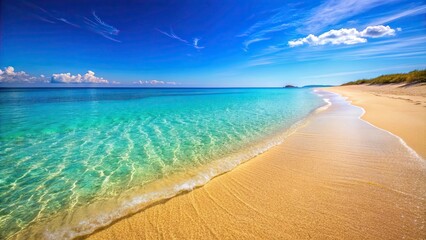 Beautiful summer beach landscape with golden sand, crystal clear turquoise water, and a clear blue sky , beach