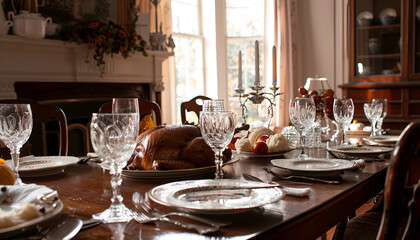 dining room set for Thanksgiving with a sliced trukey on the table, mashed potatoes, rolls and water glasses