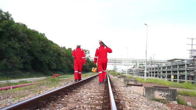 Team survey construction engineer with safety jacket use level survey camera. Engineer peering through a theodolite for check Raiway inside oil refinery plant.