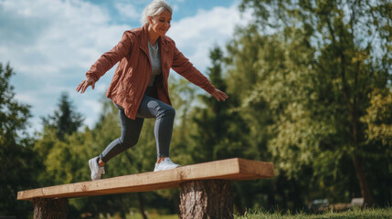 Mature woman practicing balance exercises on a wooden beam in a park, enhancing her stability - Powered by Adobe