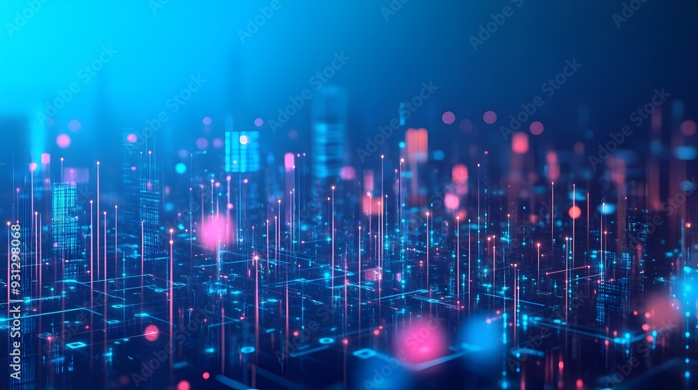 Poster edge computing devices processing data at the network edge with blurred cityscape in the background