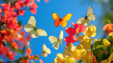 Butterflies flutter against a bright blue sky, their wings fluttering like colorful petals. --ar 16:9 --v 6.1 Job ID: 5223f294-3f48-4485-a6eb-f7f9cc86e95a