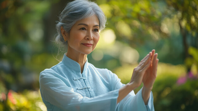 Mature woman practicing tai chi in a serene garden, focusing on her balance and health.