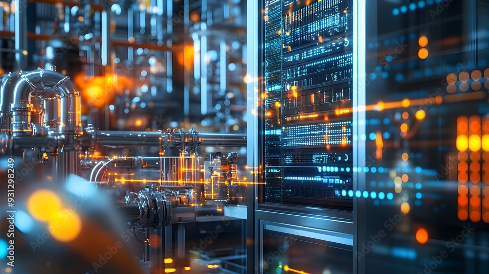 Poster close up view of an edge computing server in a smart factory setting featuring a digital data flow o