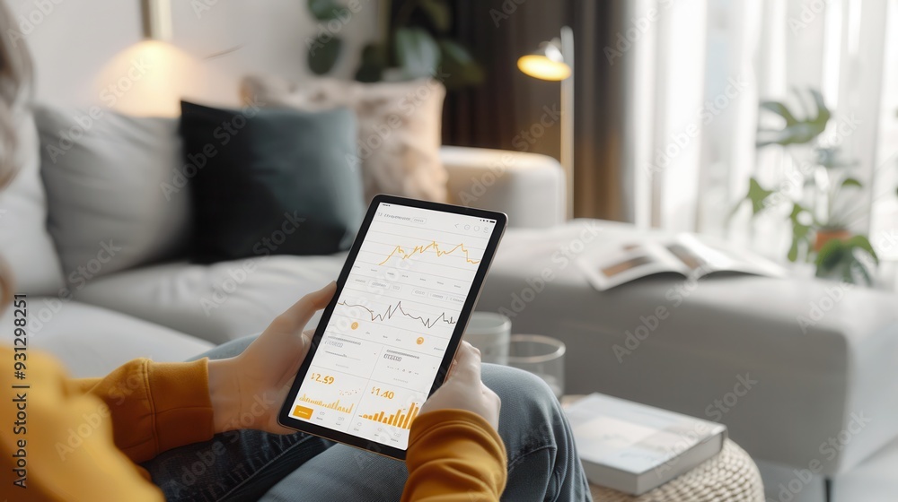 Poster a person examines financial trends on a tablet while relaxing in a comfortable living room filled wi
