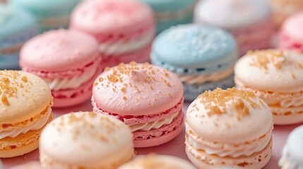 Fototapeta premium A delightful assortment of colorful macarons displayed on a pastel background, showcasing different flavors and intricate designs, perfect for dessert lovers.