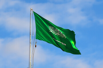 Waving Flag of Saudi Arabia, Saudi Arabia Flag on pole.