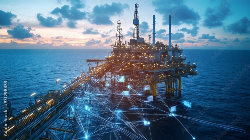 Poster edge computing technology processing real time data on an offshore oil rig with clear skies and ampl