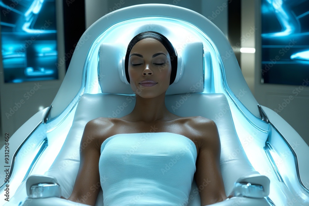 Poster futuristic scene of a woman resting in a high tech pod combining elements of sci fi relaxation and a