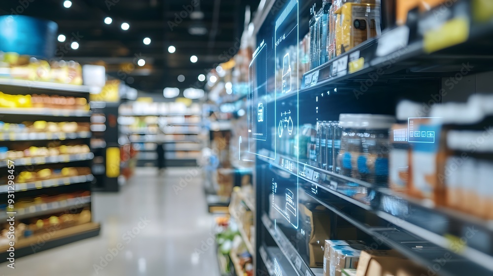Poster innovative edge computing setup in retail environment featuring smart shelves and digital price tags